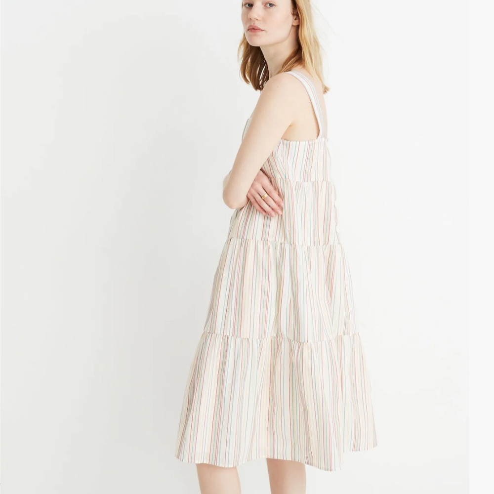 Madewell Striped Button-Back Tiered Dress in Textural Rainbow Stripe - Picture 2 of 5